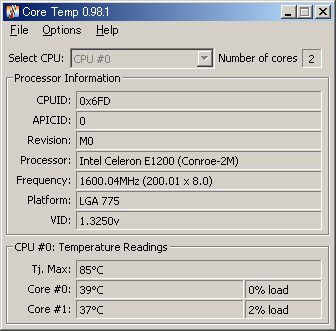 Core Tempで測定した温度。コアは39度と37度