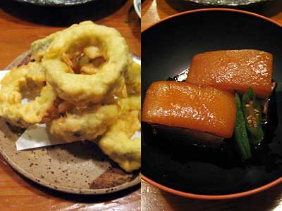 ゴーヤの天ぷらとラフティー（豚の角煮）